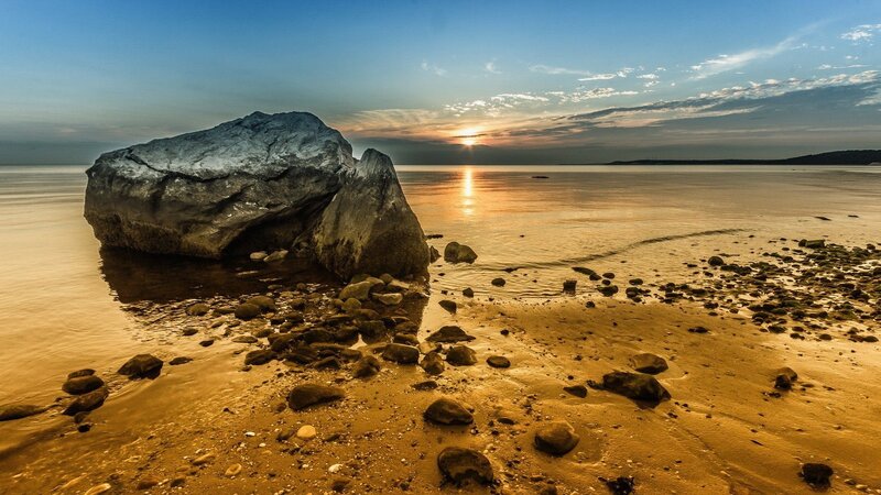 Large Rock on Beach — Blue, Serene, Sunset, Photograph, Sand