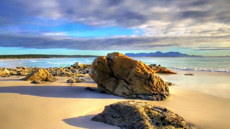 Large Rock on Beach — Blue, Serene, Sunset, Photograph