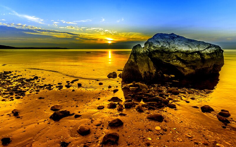 Large Rock on Beach — Blue, Serene
