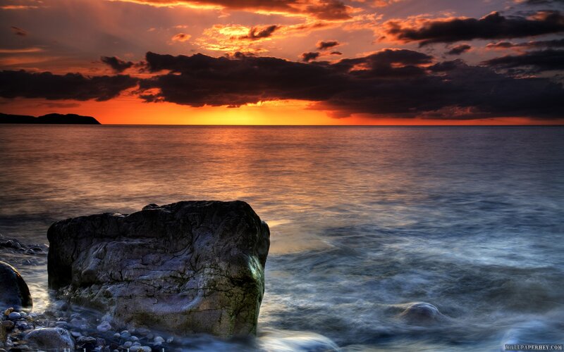 Large Rock on Beach — Orange, Dramatic, Sunset, Photograph, Ocean