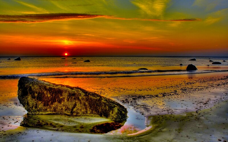 Large Rock on Beach — Orange, Dramatic, Sunset, Photograph, Sun
