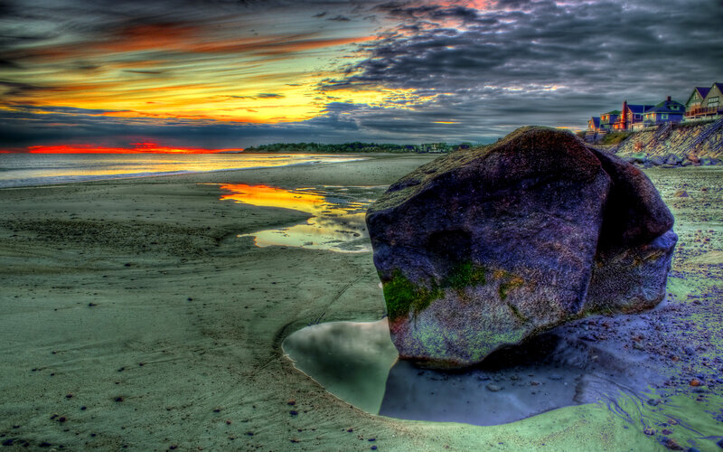 Large Rock on Beach — Orange, Dramatic, Sunset, Photograph