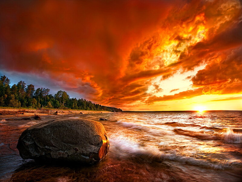 Large Rock on Beach — Orange, Dramatic, Sunset
