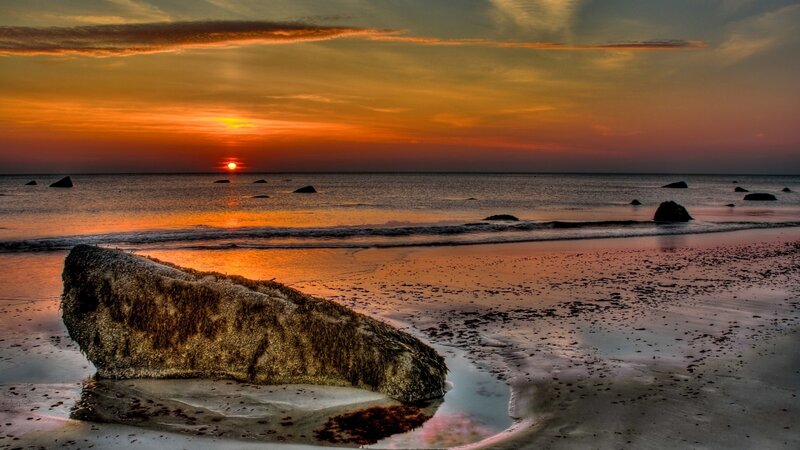 Large Rock on Beach — Orange, Serene, Sunset, Photograph