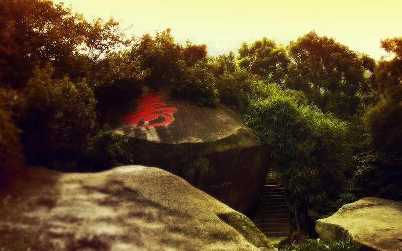 Large rock with red character in forest