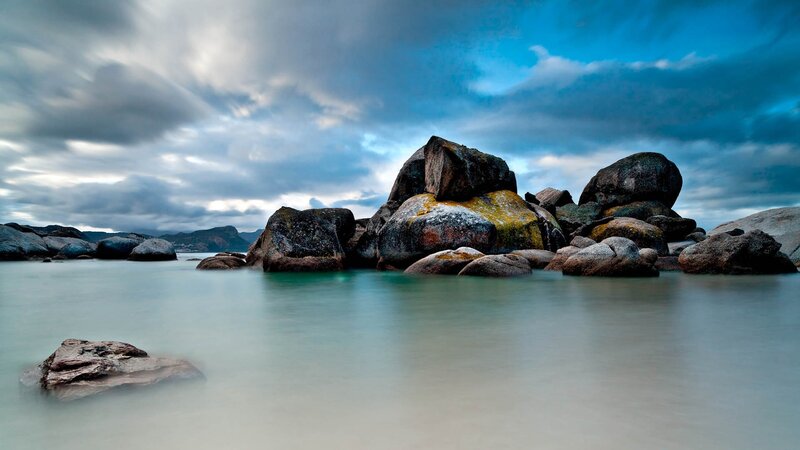 Large Rocks in Calm Water — Blue, Dramatic, Morning
