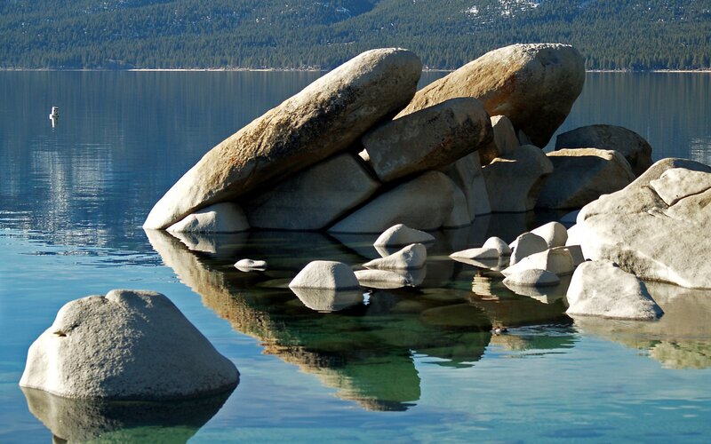 Large Rocks in Lake — Blue, Serene, Afternoon, Photograph, Mountain