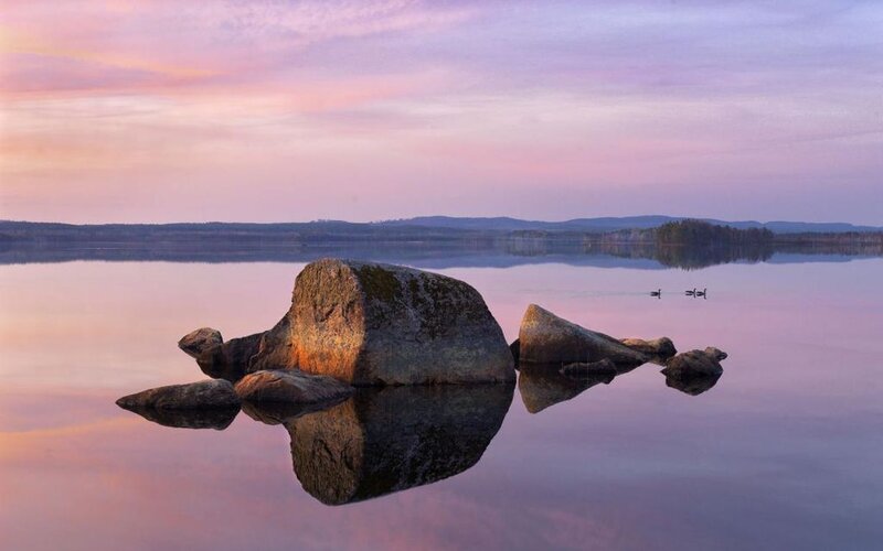 Large Rocks in Lake — Purple, Serene