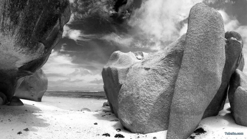 Large Rocks on Beach — Black, Dramatic, Photograph