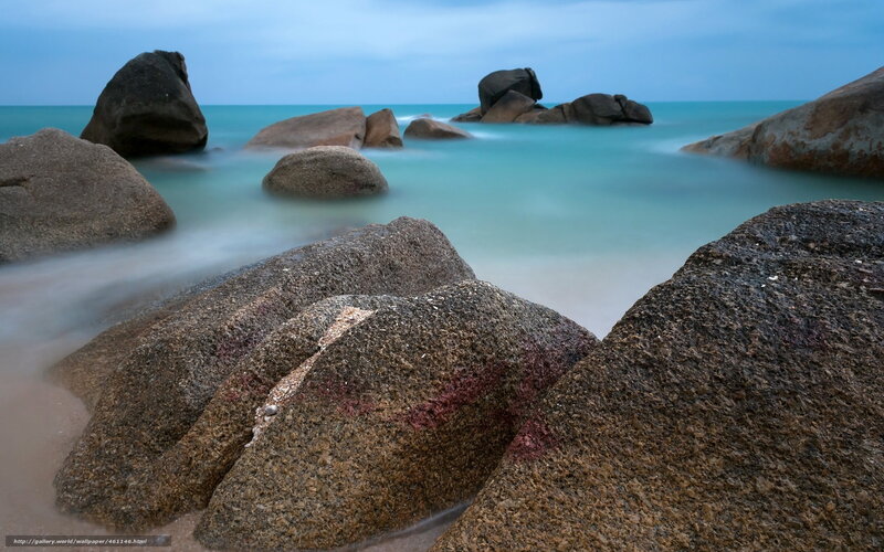 Large Rocks on Beach — Blue, Serene, Morning