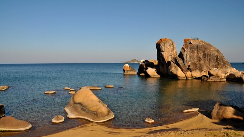 Large Rocks on Beach — Blue, Serene