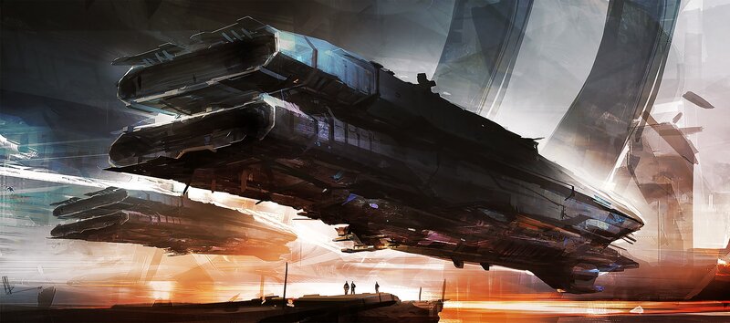 Large Spaceship in Hangar — Black, Dramatic, Sunset