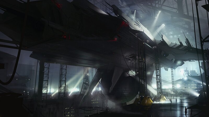 Large Spaceship in Hangar — Black, Dramatic