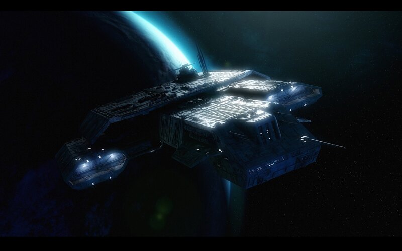 Large Spaceship in Orbit — Blue, Dramatic, Night