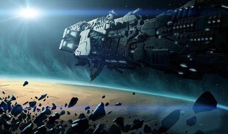 Large Spaceship in Orbit — Blue, Dramatic