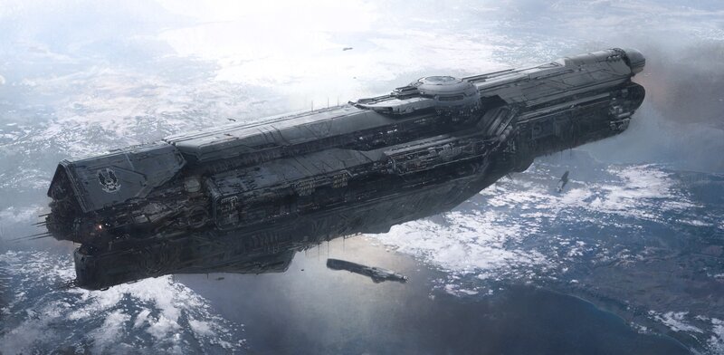 Large Spaceship in Orbit — Gray, Dramatic, Digital Art, Planet, Smaller Ships