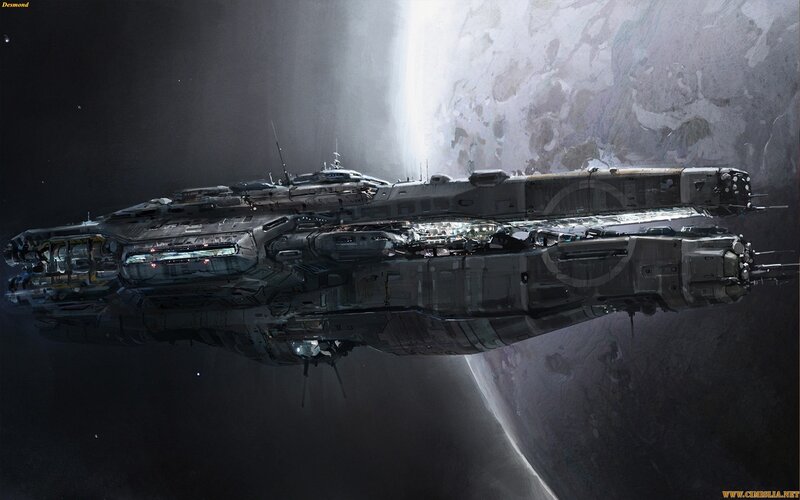 Large Spaceship in Orbit — Gray, Dramatic, Digital Art, Planet, Space