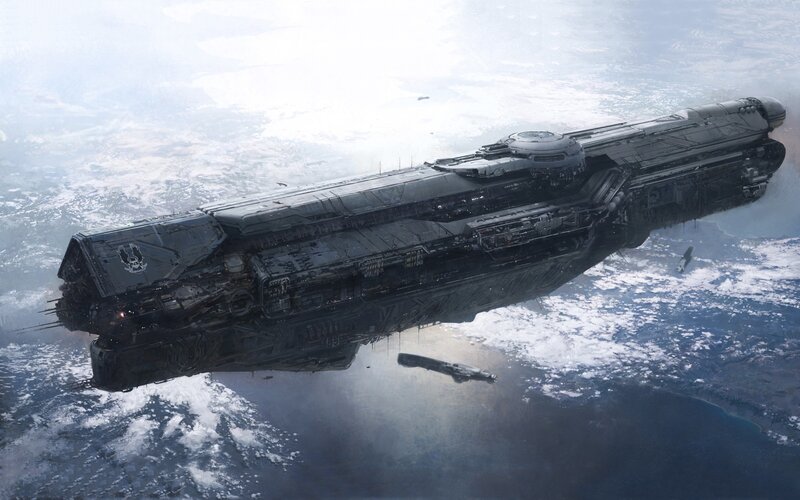 Large Spaceship in Orbit — Gray, Dramatic, Digital Art, Planet