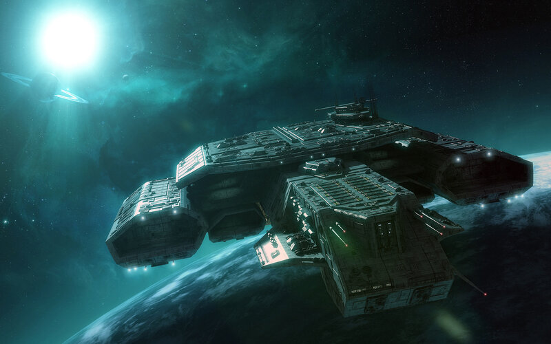 Large Spaceship in Orbit — Teal, Dramatic, Digital Art