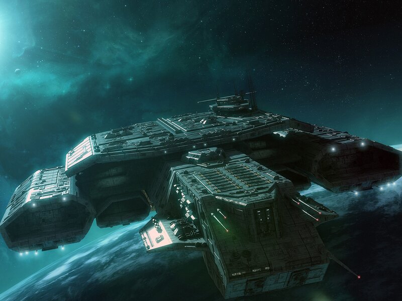 Large Spaceship in Orbit — Teal, Dramatic, Night, Digital Art