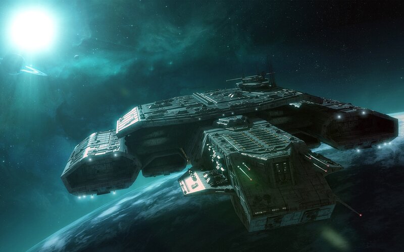 Large Spaceship in Orbit — Teal, Dramatic