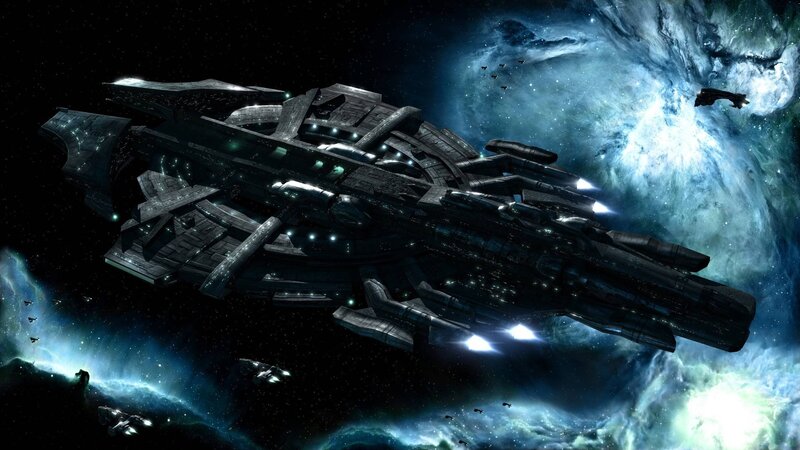 Large Spaceship in Space — Black, Dramatic, Digital Art, Nebula, Starfield