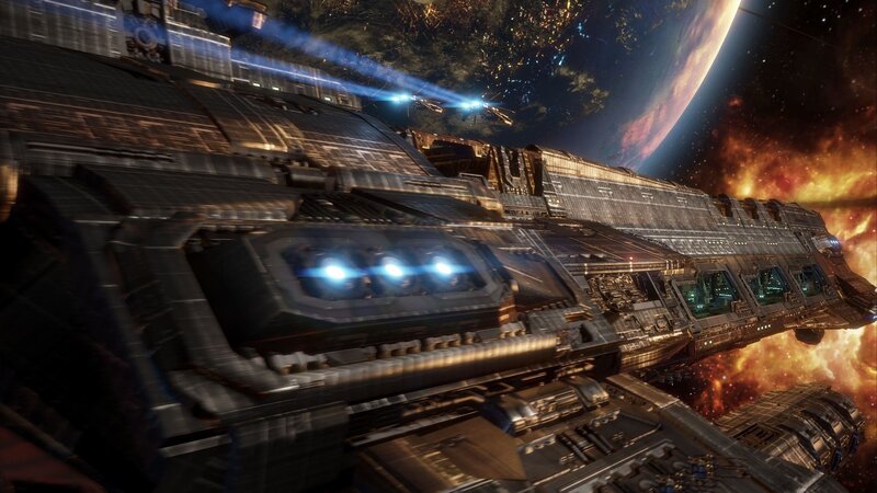 Large Spaceship in Space — Black, Dramatic, Digital Art, Planet, Starfield