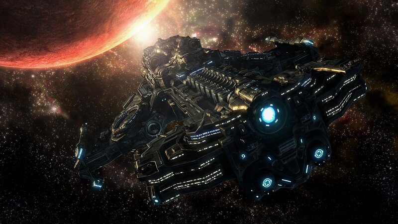Large Spaceship in Space — Black, Dramatic, Digital Art, Planet, Stars, Nebula