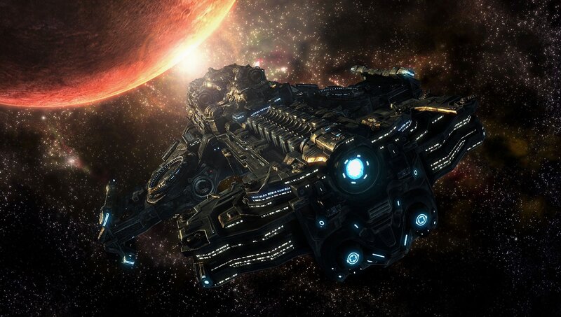 Large Spaceship in Space — Black, Dramatic, Digital Art, Planet, Stars