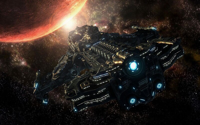 Large Spaceship in Space — Black, Dramatic, Digital Art, Planet