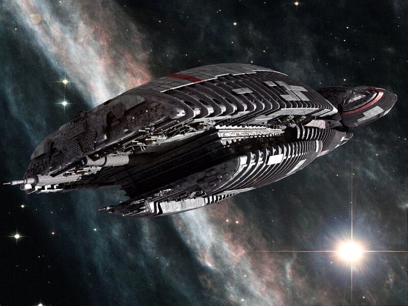 Large Spaceship in Space — Black, Dramatic, Digital Art, Stars, Nebula