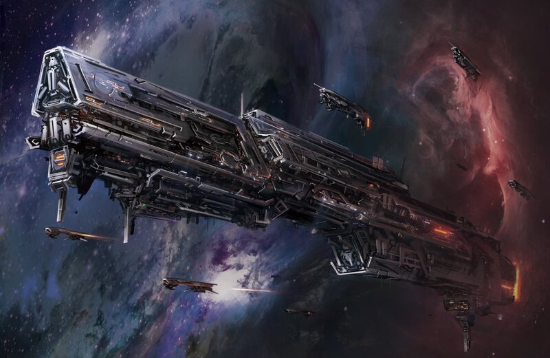 Large Spaceship in Space — Black, Dramatic, Digital Art, Starship, Fighter Craft, Nebula