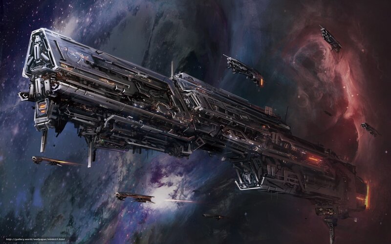 Large Spaceship in Space — Black, Dramatic, Digital Art, Starships