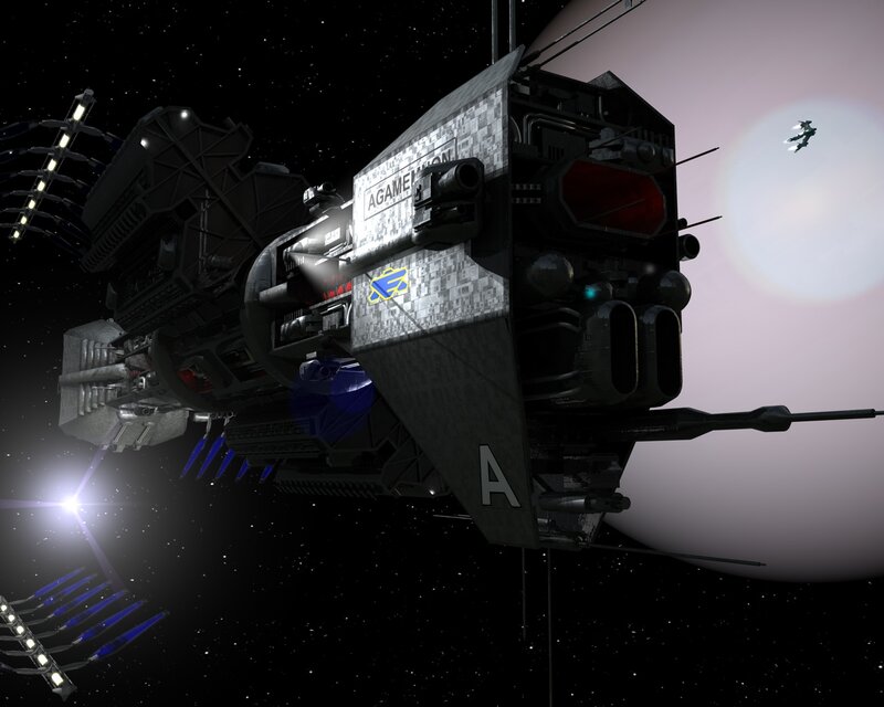 Large Spaceship in Space — Black, Dramatic, Night, 3d Render, Planet