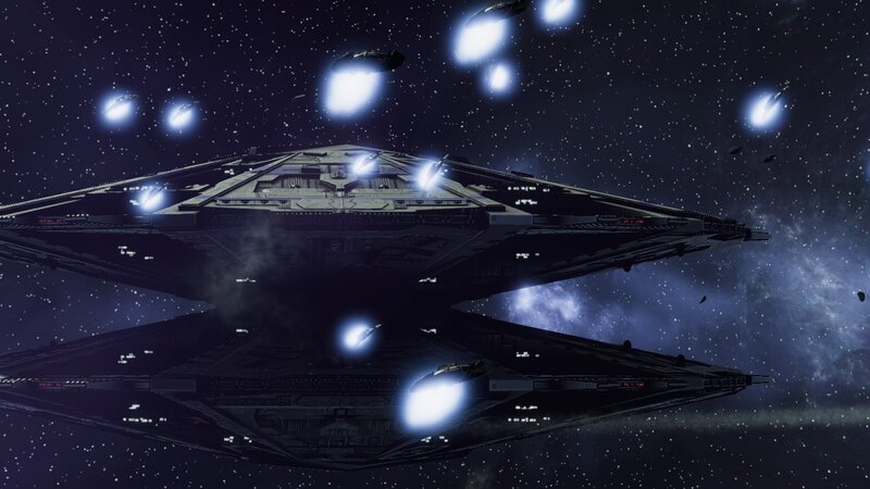 Large Spaceship in Space — Black, Dramatic, Night, 3d Render, Starfield