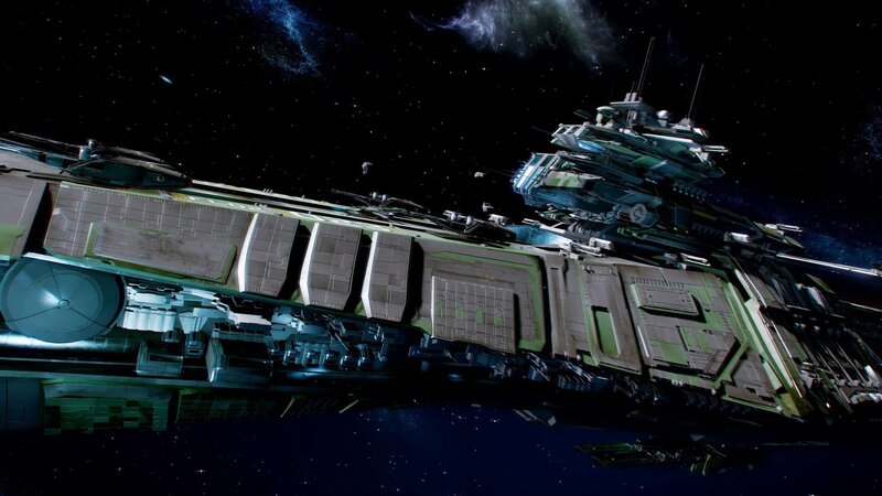 Large Spaceship in Space — Black, Dramatic, Night, 3d Render, Stars, Nebula