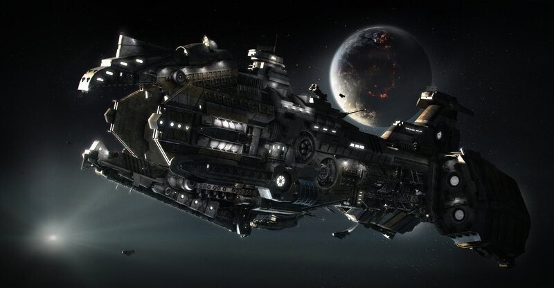 Large Spaceship in Space — Black, Dramatic, Night, Digital Art, Planet