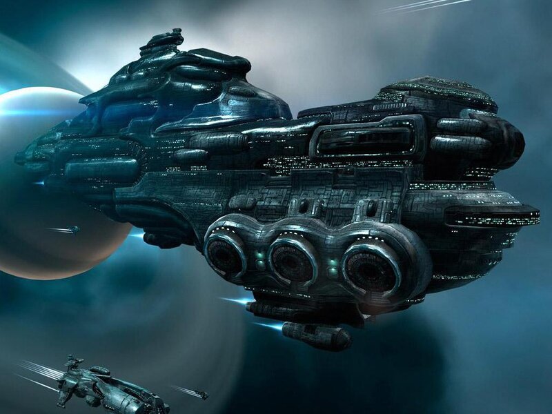 Large Spaceship in Space — Blue