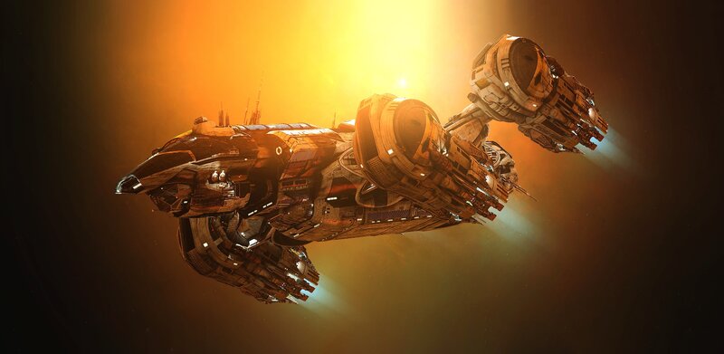 Large Spaceship in Space — Orange, Dramatic, Digital Art