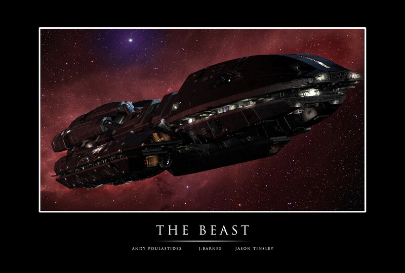 Large Spaceship in Space — Red, Dramatic, Night