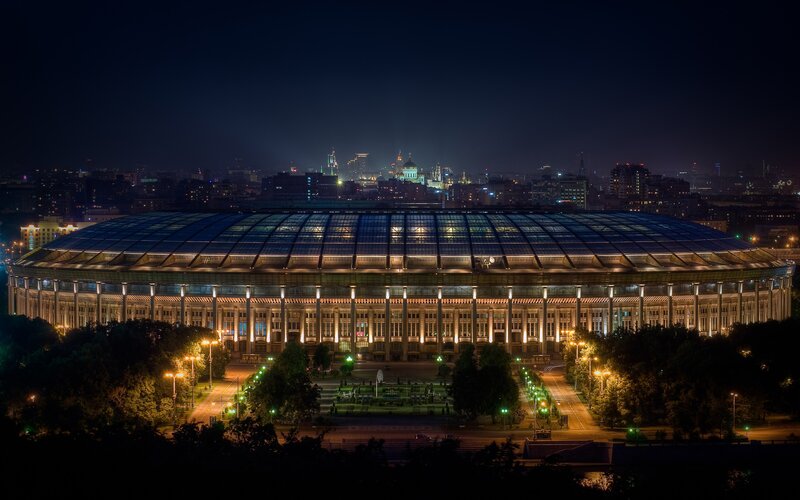 Large Stadium at Night — Black, Dramatic, Photograph