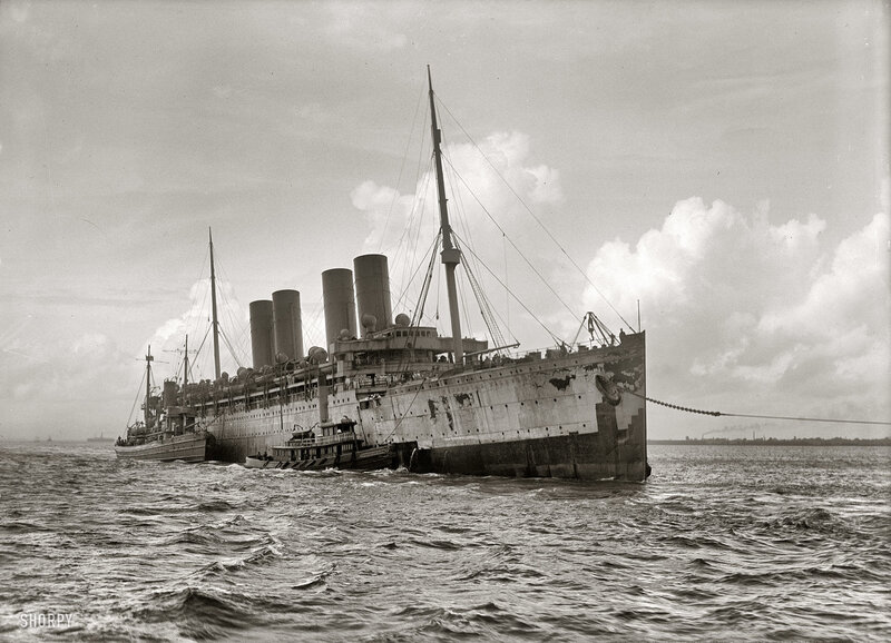 Large steamship in harbor