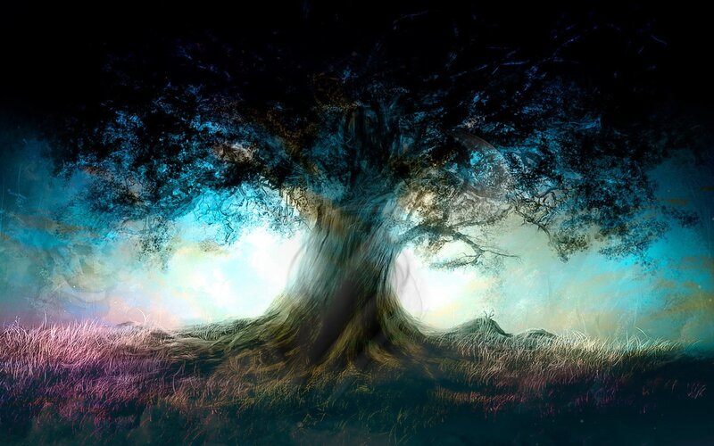 Large Tree in Field — Blue, Dramatic