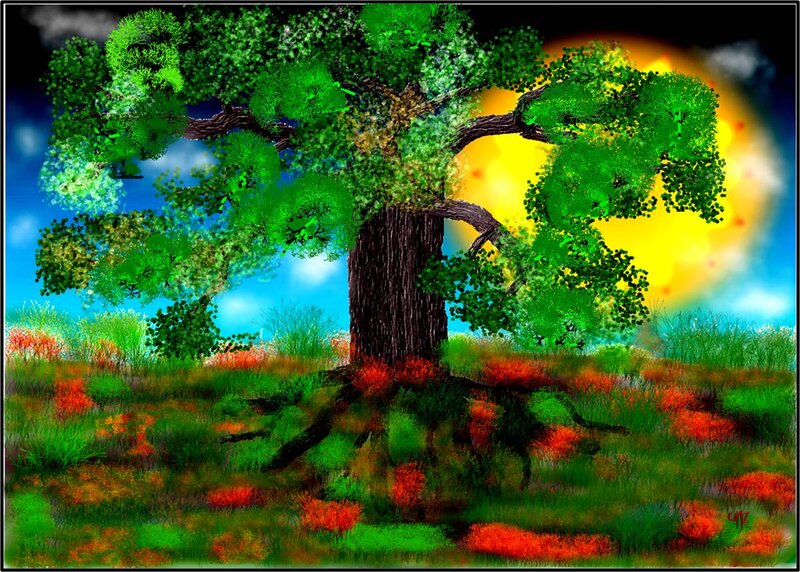 Large Tree in Field — Green, Dramatic, Sunset, Digital Art