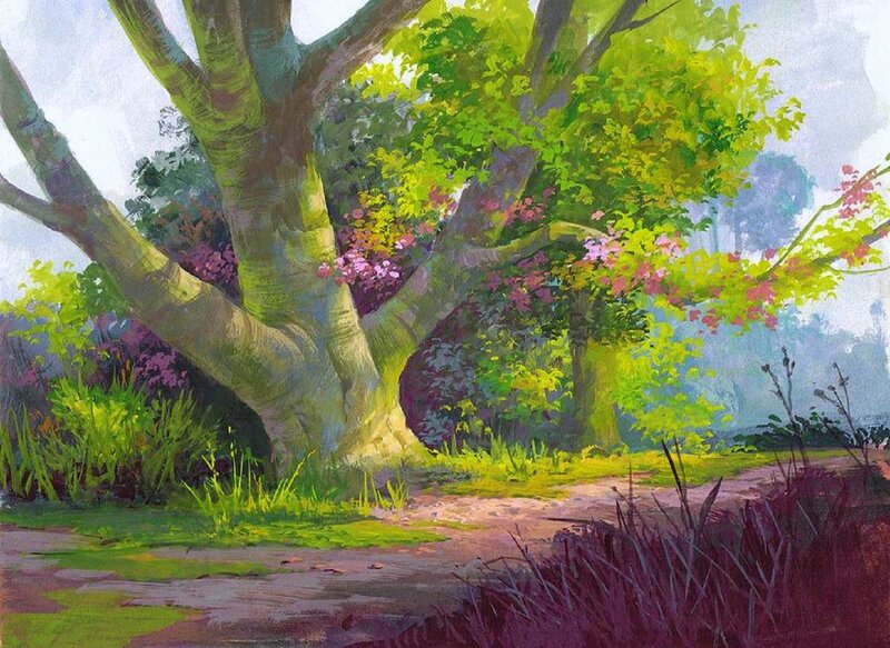 Large Tree in Forest — Green, Serene, Afternoon, Painting
