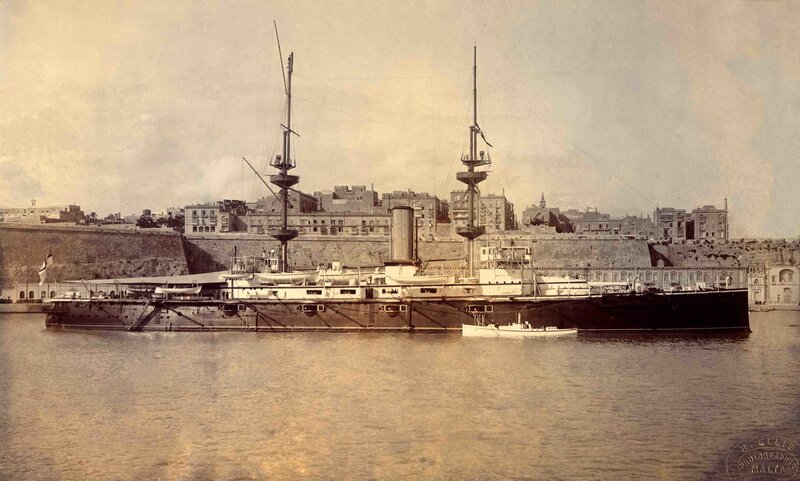 Large Warship in Harbor — Brown