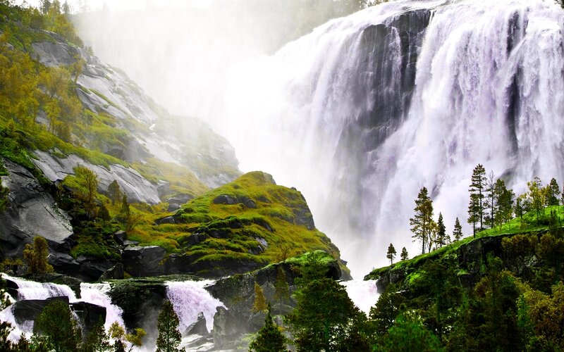 Large Waterfall in Mountains