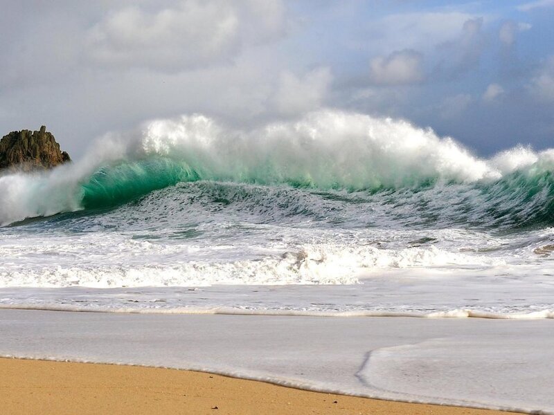 Large Wave Crashing on Beach — Blue