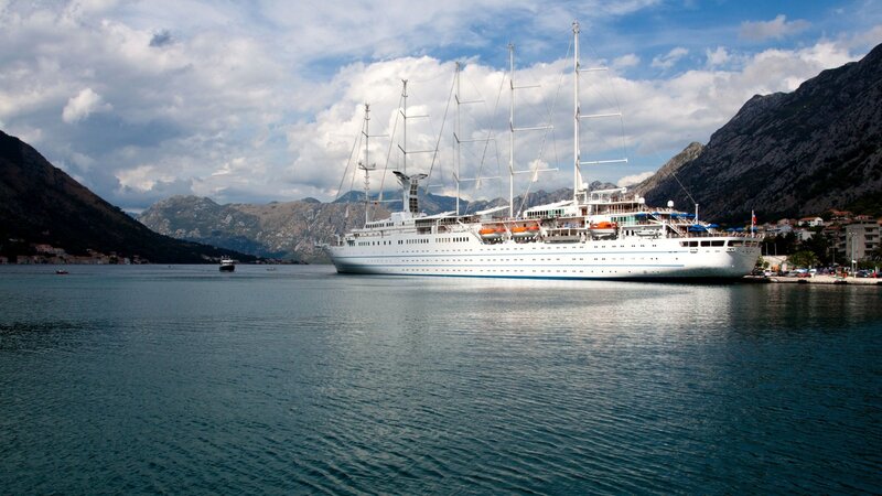 Large White Cruise Ship — Blue