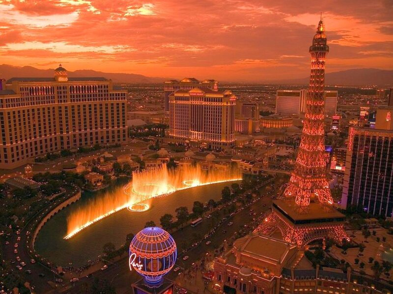 Las Vegas at sunset with Eiffel Tower
